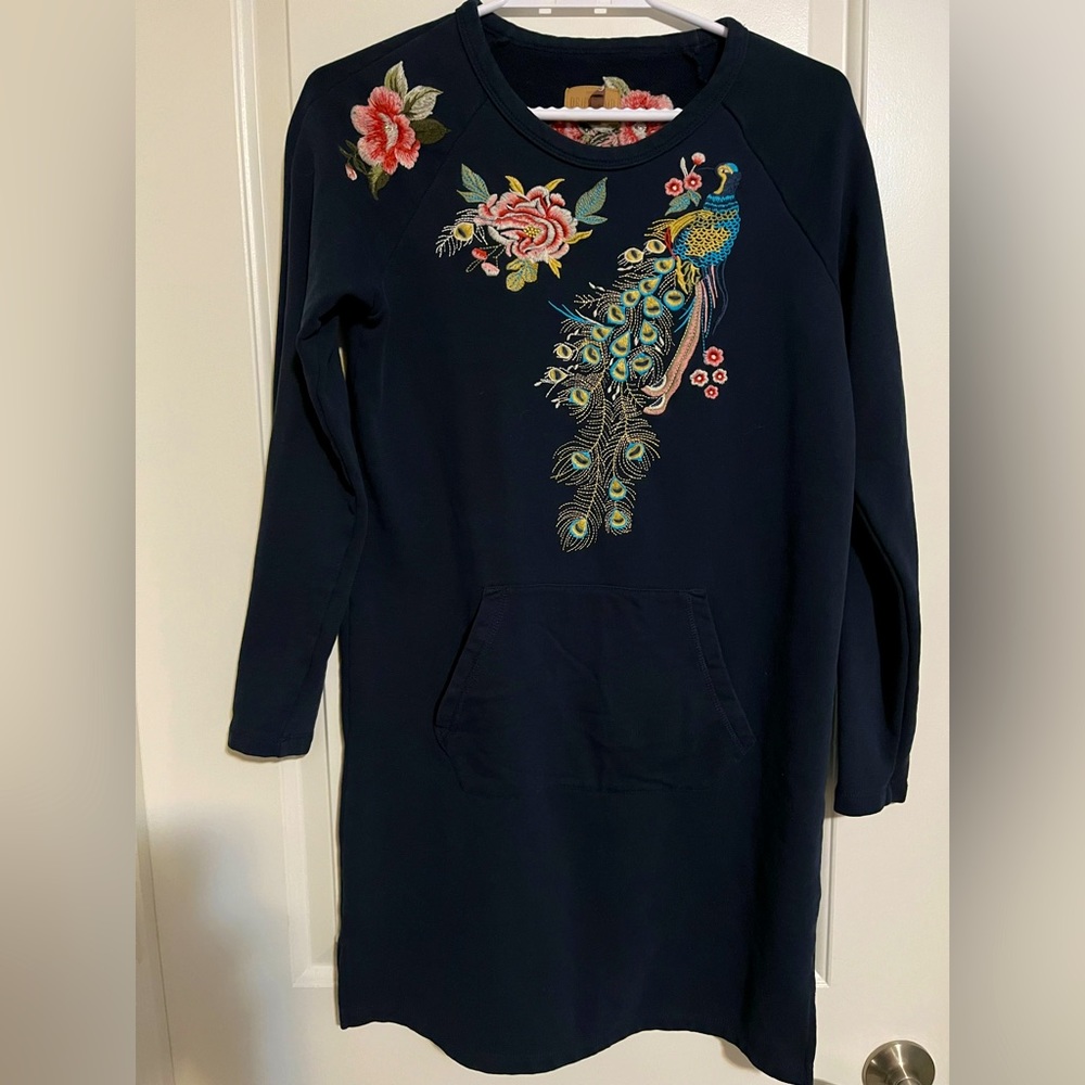 DRIFTWOOD Navy Mini Dress with Floral and Peacock Embroidery